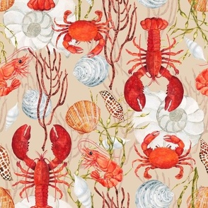 Crustacean Core, Red Lobster, Crab, Shrimp, Sea Shells, Seaweed on Beige, Watercolor, L