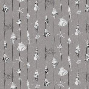 watercolor seashells and corals on black strings on a textured silver grey background - small scale