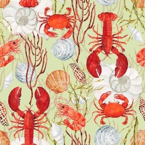 Crustacean Core, Red Lobster, Crab, Shrimp, Sea Shells, Seaweed on Light Sage, Watercolor, L
