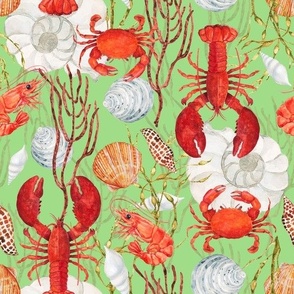 Crustacean Core, Red Lobster, Crab, Shrimp, Sea Shells, Seaweed on Pastel Green, Watercolor, L