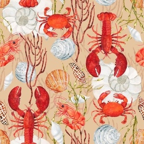 Crustacean Core, Red Lobster, Crab, Shrimp, Sea Shells, Seaweed on Peach, Watercolor, L