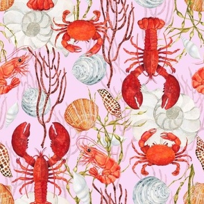 Crustacean Core, Red Lobster, Crab, Shrimp, Sea Shells, Seaweed on Pink, Watercolor, L