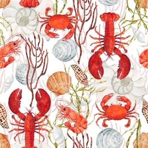 Crustacean Core, Red Lobster, Crab, Shrimp, Sea Shells, Seaweed on White, Watercolor, L