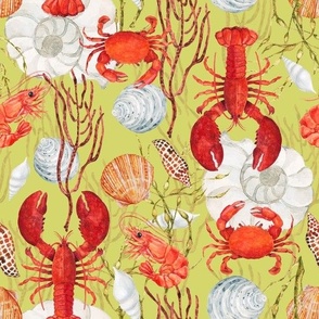 Crustacean Core, Red Lobster, Crab, Shrimp, Sea Shells, Seaweed on Light Olive Green, Watercolor, L