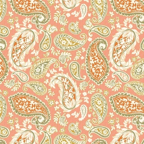 Paisley in Coral, Handpainted Woodblock Style Decorative Boho Print Seamless Pattern Allover Textile 