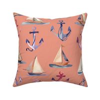 Watercolor Sailboats and Anchors on Coral