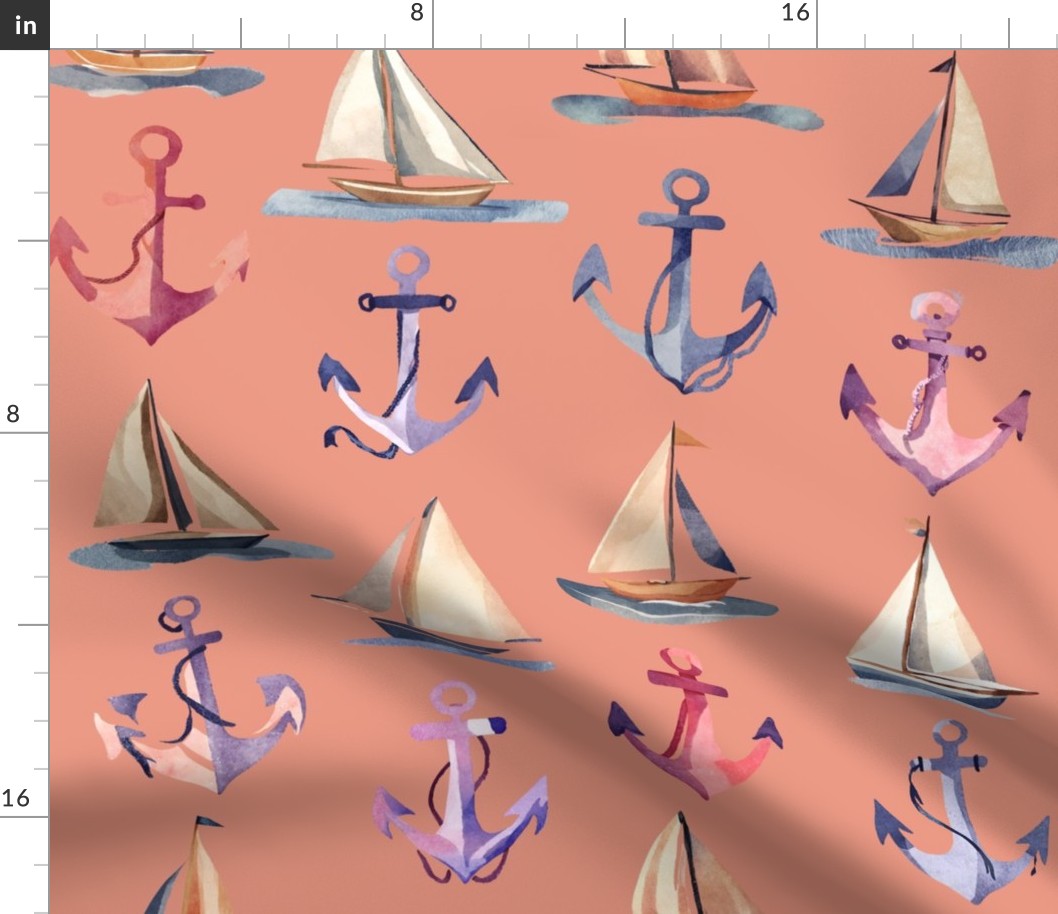 Watercolor Sailboats and Anchors on Coral