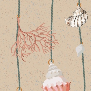 watercolor seashells and corals on green strings on a textured sand beige background - large scale
