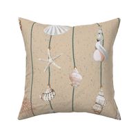 watercolor seashells and corals on green strings on a textured sand beige background - medium scale