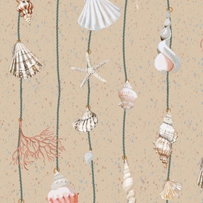 watercolor seashells and corals on green strings on a textured sand beige background - medium scale