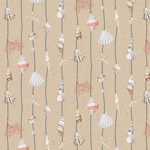 watercolor seashells and corals on green strings on a textured sand beige background - sand scale