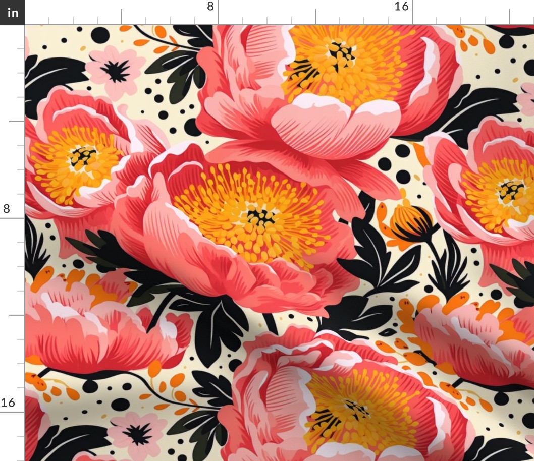 Large Scale Coral Pink and Gold Bold Flowers