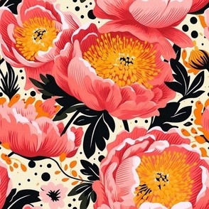 Medium Scale Coral Pink and Gold Bold Flowers