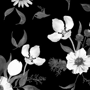 large - Dahlias with tulips and daisies - watercolor garden flowers in black and white on black