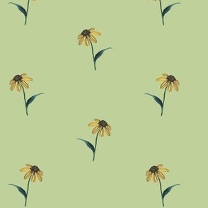 small - Yellow daisies with stems and leaves - hand-painted flowers  on tea green