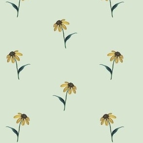 small - Yellow daisies with stems and leaves - hand-painted flowers on honeydew light green