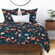 Coastal charm: lively colorful lobsters, crabs, hermit crabs and seashells with flowing ocean kelp in an Arts and Crafts style