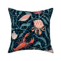 Coastal charm: lively colorful lobsters, crabs, hermit crabs and seashells with flowing ocean kelp in an Arts and Crafts style