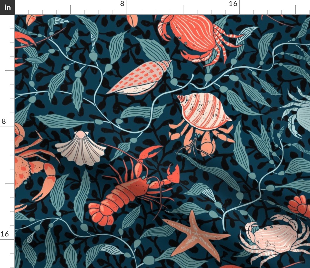 Coastal charm: lively colorful lobsters, crabs, hermit crabs and seashells with flowing ocean kelp in an Arts and Crafts style