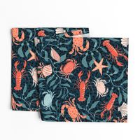 Coastal charm: lively colorful lobsters, crabs, hermit crabs and seashells with flowing ocean kelp in an Arts and Crafts style