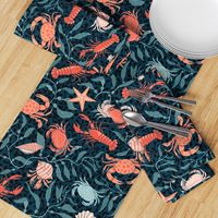 Coastal charm: lively colorful lobsters, crabs, hermit crabs and seashells with flowing ocean kelp in an Arts and Crafts style