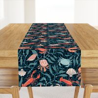 Coastal charm: lively colorful lobsters, crabs, hermit crabs and seashells with flowing ocean kelp in an Arts and Crafts style