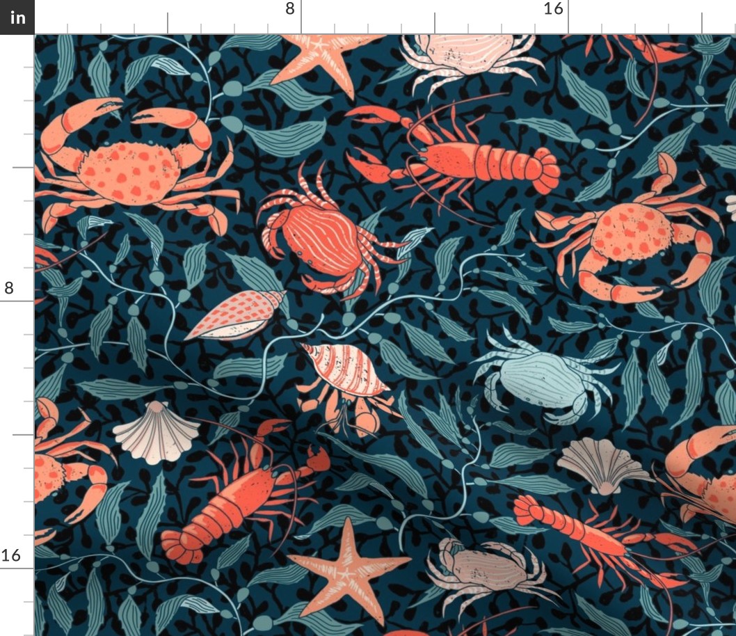 Coastal charm: lively colorful lobsters, crabs, hermit crabs and seashells with flowing ocean kelp in an Arts and Crafts style