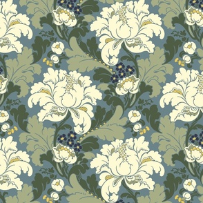 1906 Acanthus and Floral Damask in Bayeux Palette Colors