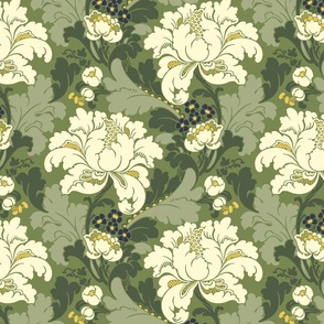 1906 Acanthus and Floral Damask in Linen White and Greens