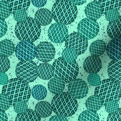Teal round monochromatic  hand drawn geometric, vintage feed sack inspired for quilting
