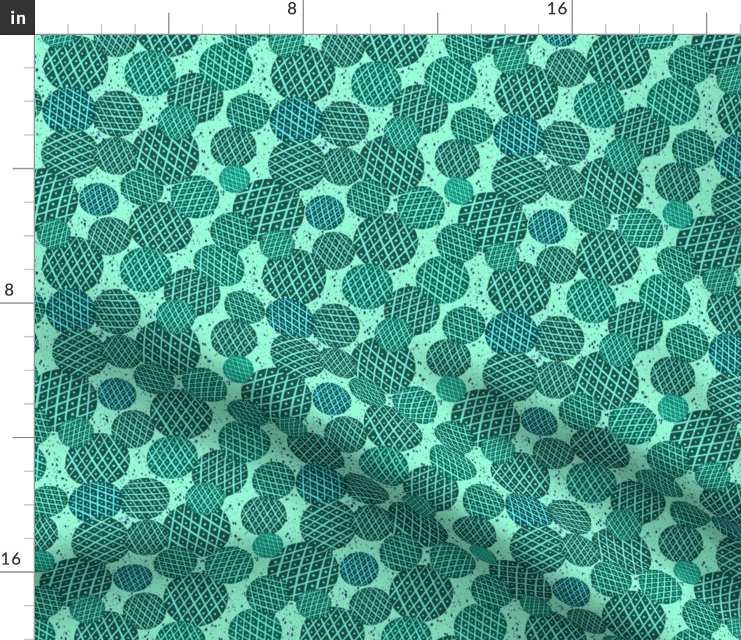 Teal round monochromatic  hand drawn geometric, vintage feed sack inspired for quilting