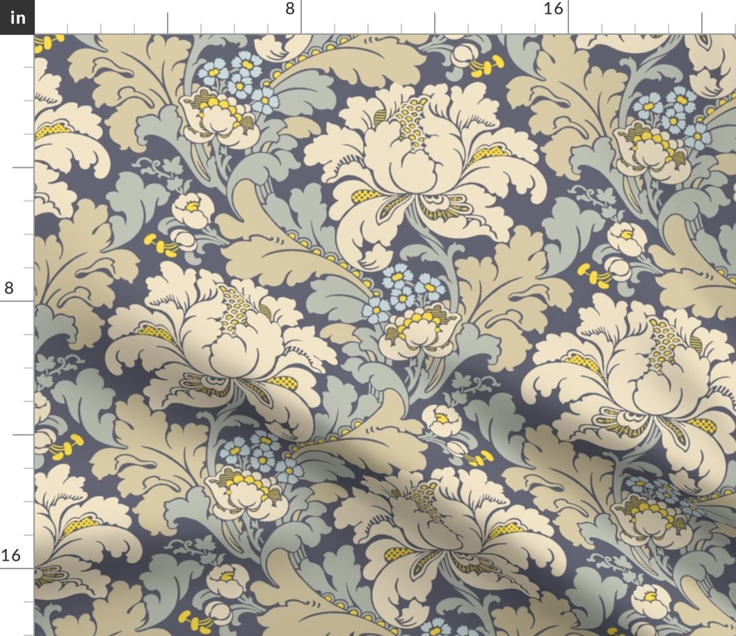 1906 Acanthus and Floral Damask in Off White Beige and Blues