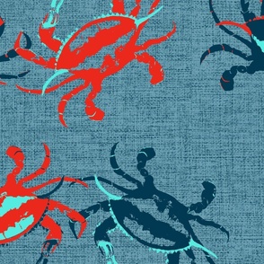 Jumbo scale bright red and deep blue with aqua crabs on a washed blue denim texture. 