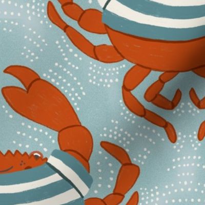 Cute little dancing and smiling crab in striped t-shirt (L)