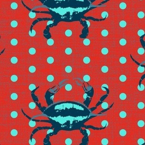 Medium scale bright aqua and deep sea blue crabs with polka dots on a washed red denim texture. 