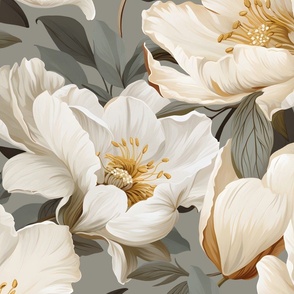 Opulent Flora XL cream magnolias on pale heritage green background soft grey green botanical