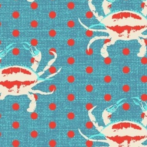 Medium scale bright red, beige and aqua crabs with red polka dots on a washed denim blue texture. 