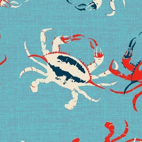 Jumbo scale bright red, beige and deep blue crabs on a washed aqua and pink blue denim texture. 