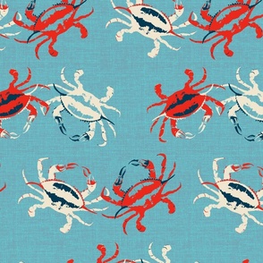 Large scale bright red, beige and deep blue crabs on a washed aqua and pink blue denim texture. 