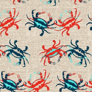 Boho Crab Collection Large scale bright red, aqua and deep blue crabs on a washed tan linen texture.