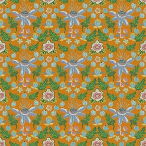 Fun Folk florals on orange - small scale - blue and green