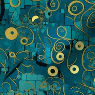 teal green and gold watercolor spiral circle geometric abstract inspired by gustav klimt