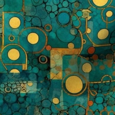 yellow and teal green circle spiral abstract geometric watercolor inspired by gustav klimt