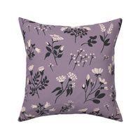 Large scale, Victorian inspired soft black and pastel pink flower stem floral print on a purple background floral print