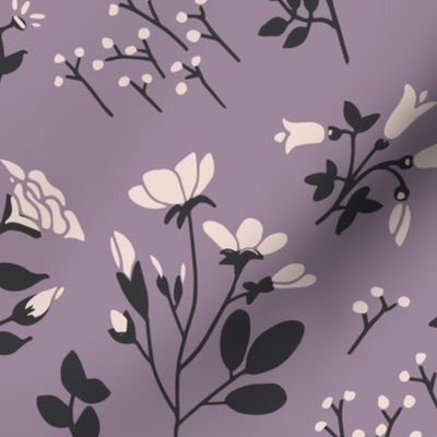 Large scale, Victorian inspired soft black and pastel pink flower stem floral print on a purple background floral print