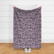 Large scale, Victorian inspired soft black and pastel pink flower stem floral print on a purple background floral print