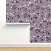 Large scale, Victorian inspired soft black and pastel pink flower stem floral print on a purple background