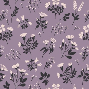 Large scale, Victorian inspired soft black and pastel pink flower stem floral print on a purple background floral print