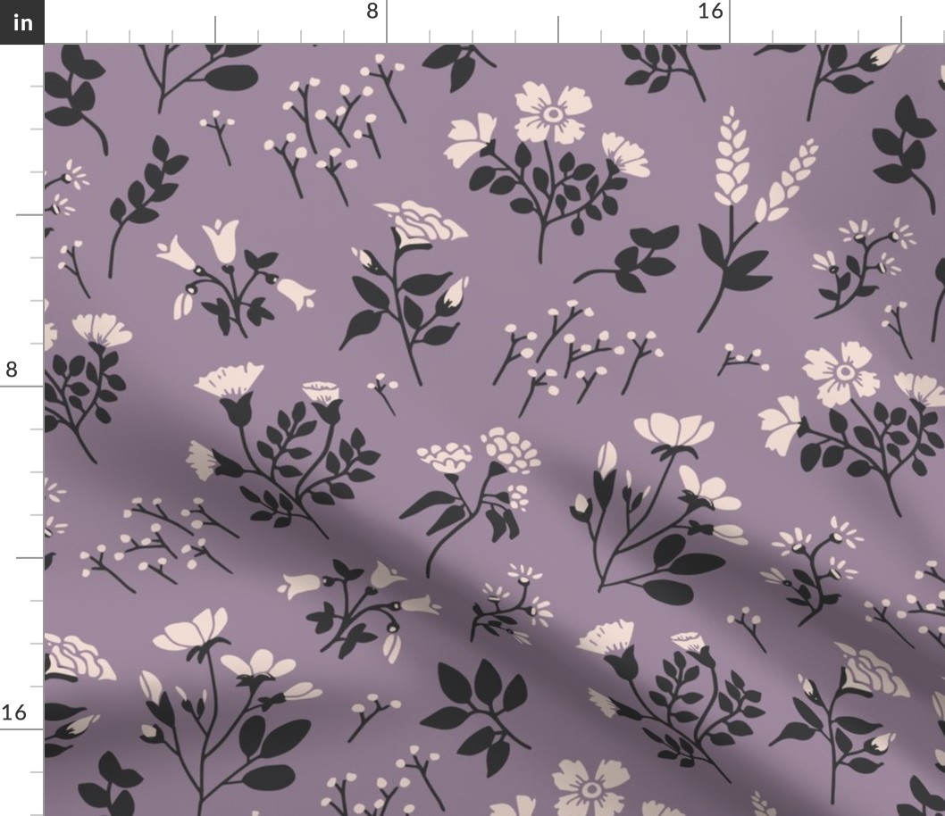 Large scale, Victorian inspired soft black and pastel pink flower stem floral print on a purple background floral print