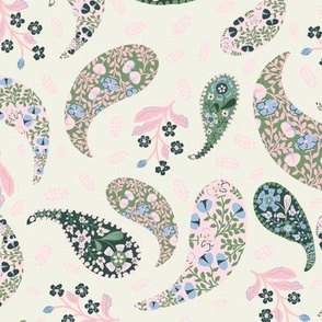 L| Elegant light pink Forest green Floral Paisley on Beige